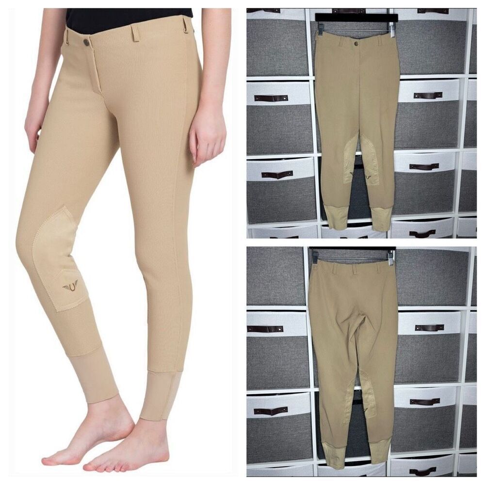 TuffRider Ladies Ribb Lowrise Pull-On Knee Patch Breeches Tan Size 26